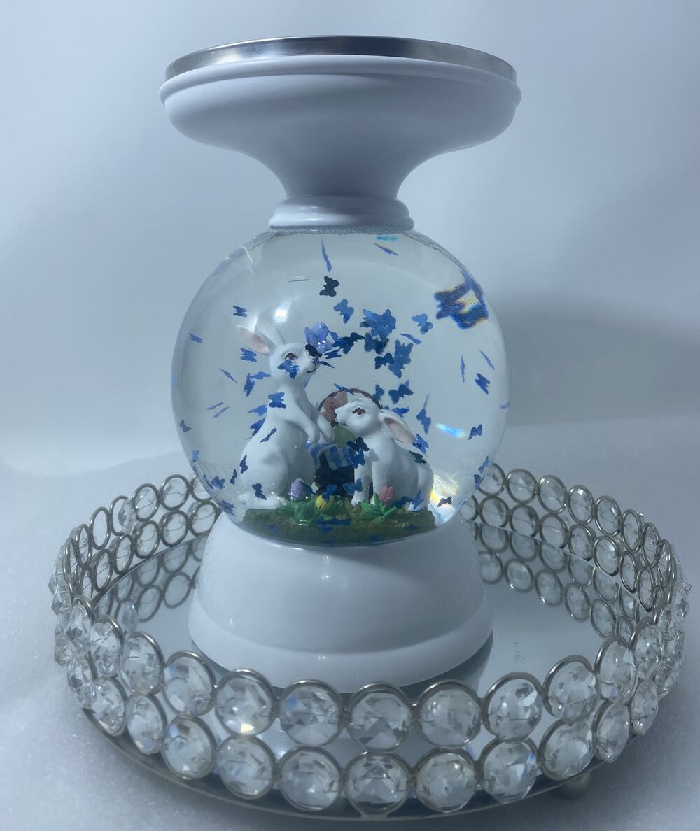 Bath & Body Works 3-Wick Candle Holder Water Globe Easter Bunny Pedestal Decor
